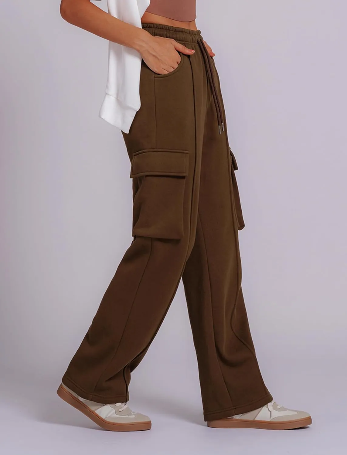 ABOCIW Women's Fleece Lined Wide Leg Sweatpants Elastic High Waisted Baggy Athletic Joggers Pants with Pockets