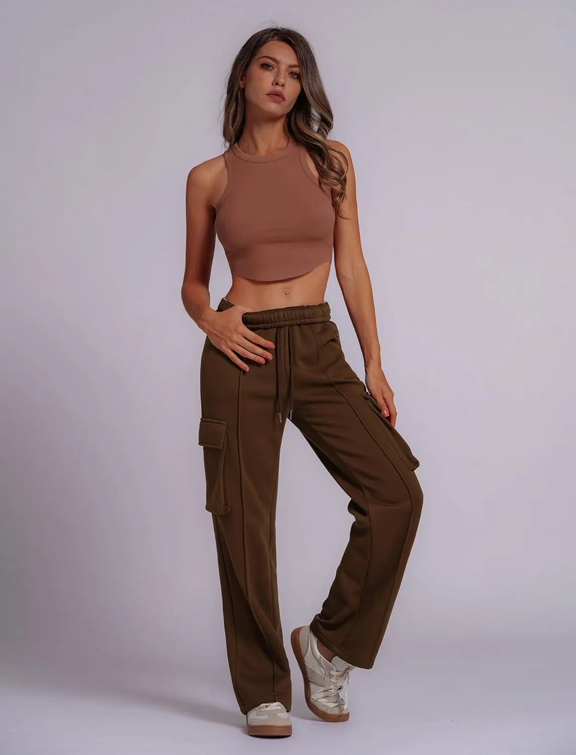 ABOCIW Women's Fleece Lined Wide Leg Sweatpants Elastic High Waisted Baggy Athletic Joggers Pants with Pockets