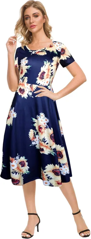 Afibi Floral Printed Petite Flared Midi Dresses for Women Short Sleeve