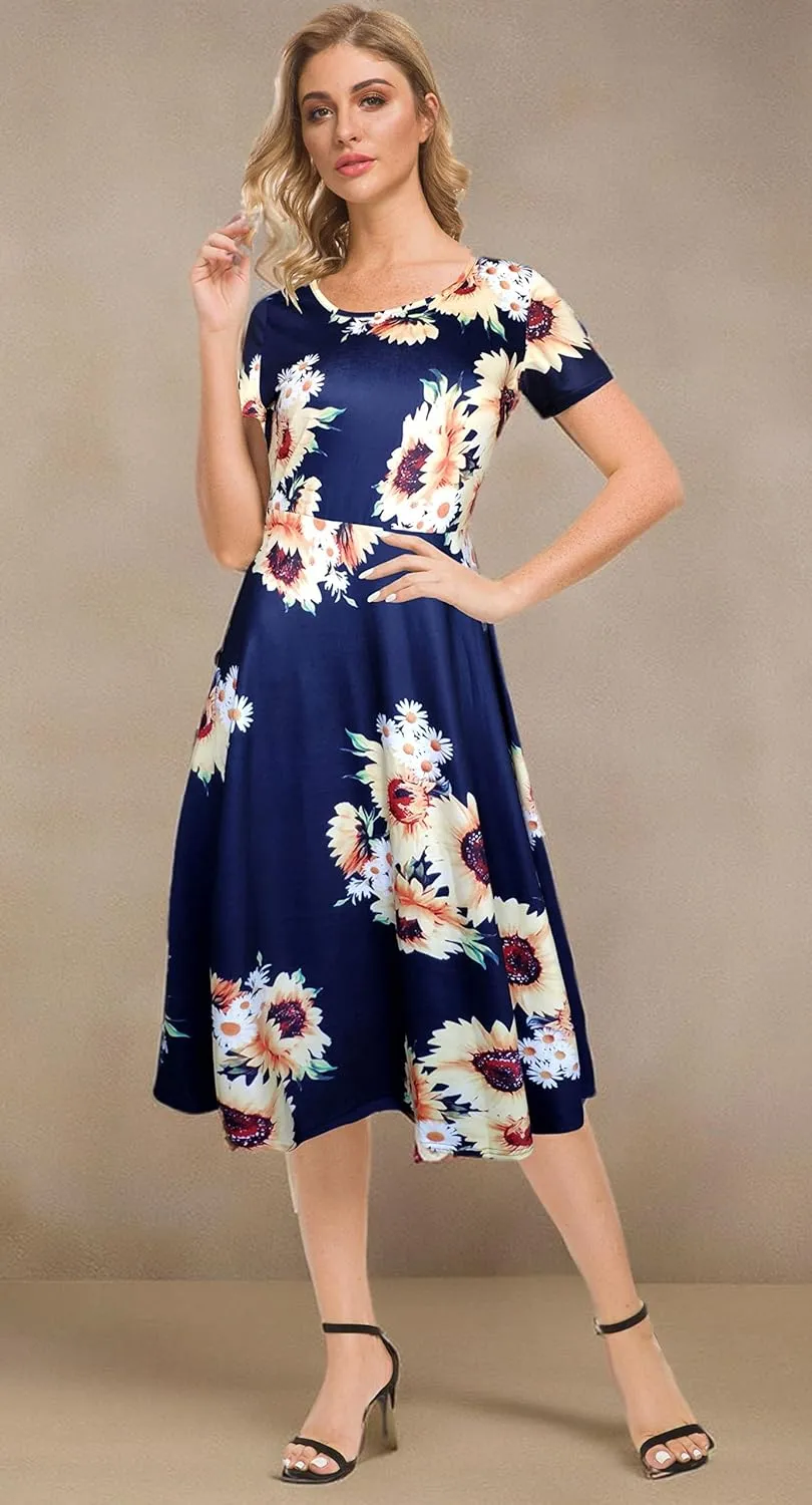 Afibi Floral Printed Petite Flared Midi Dresses for Women Short Sleeve