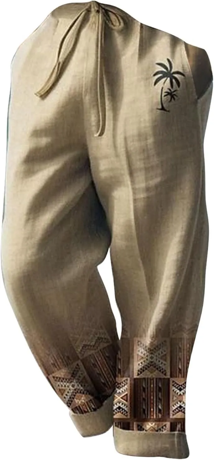 aihihe Men's Summer Linen Pants Elastic Waist Lightweight Casual Pants Loose Fit Pocketed Beach Trousers Big and Tall Slacks