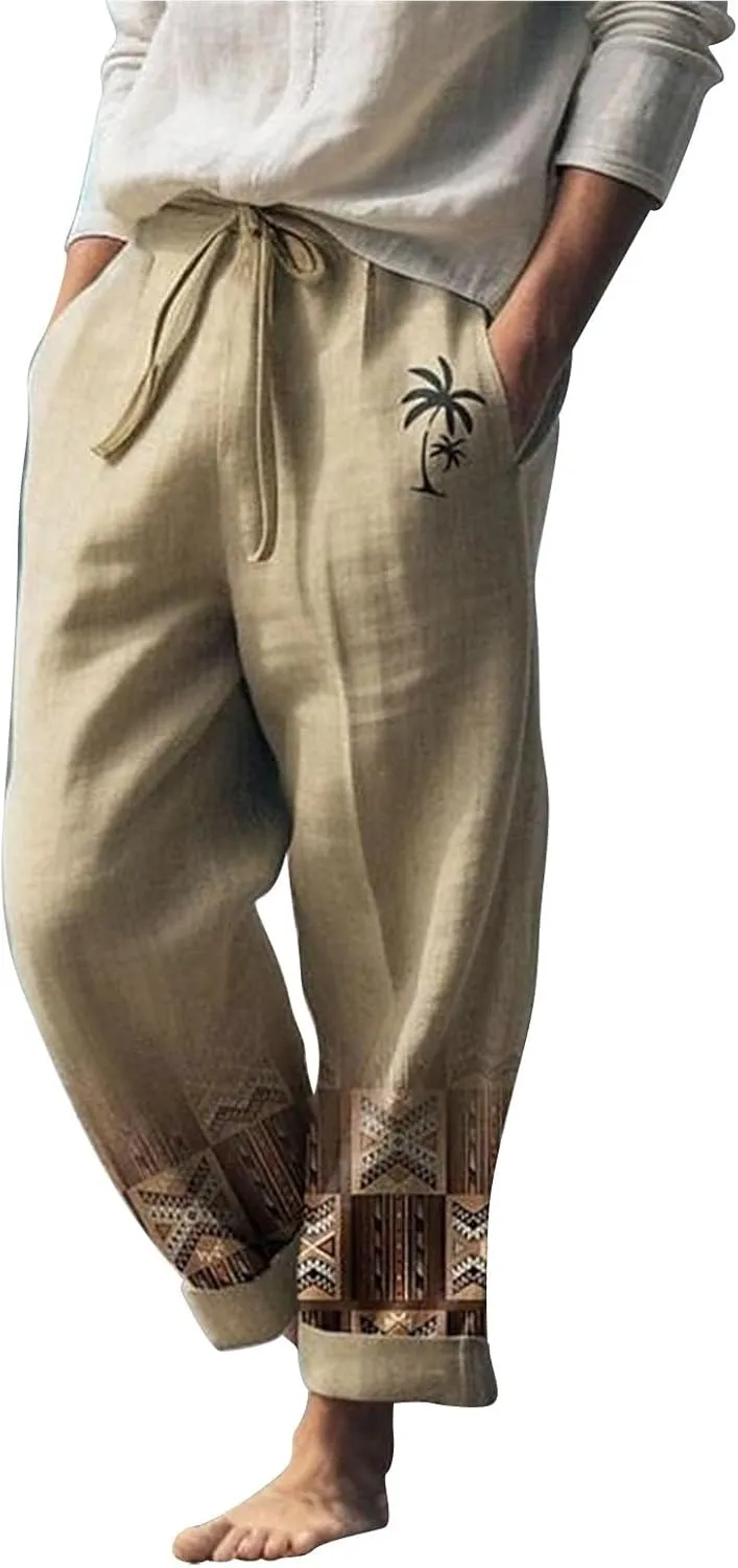 aihihe Men's Summer Linen Pants Elastic Waist Lightweight Casual Pants Loose Fit Pocketed Beach Trousers Big and Tall Slacks