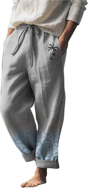 aihihe Men's Summer Linen Pants Elastic Waist Lightweight Casual Pants Loose Fit Pocketed Beach Trousers Big and Tall Slacks
