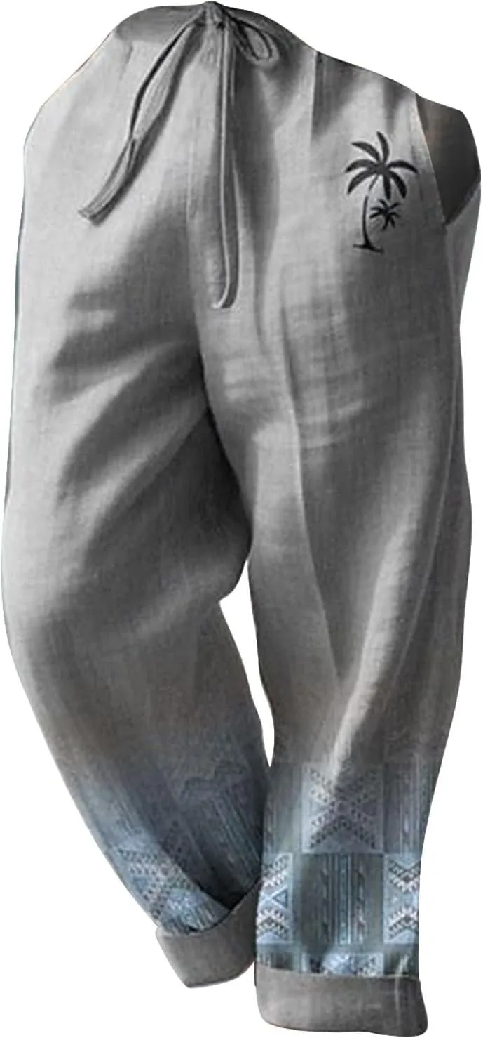 aihihe Men's Summer Linen Pants Elastic Waist Lightweight Casual Pants Loose Fit Pocketed Beach Trousers Big and Tall Slacks
