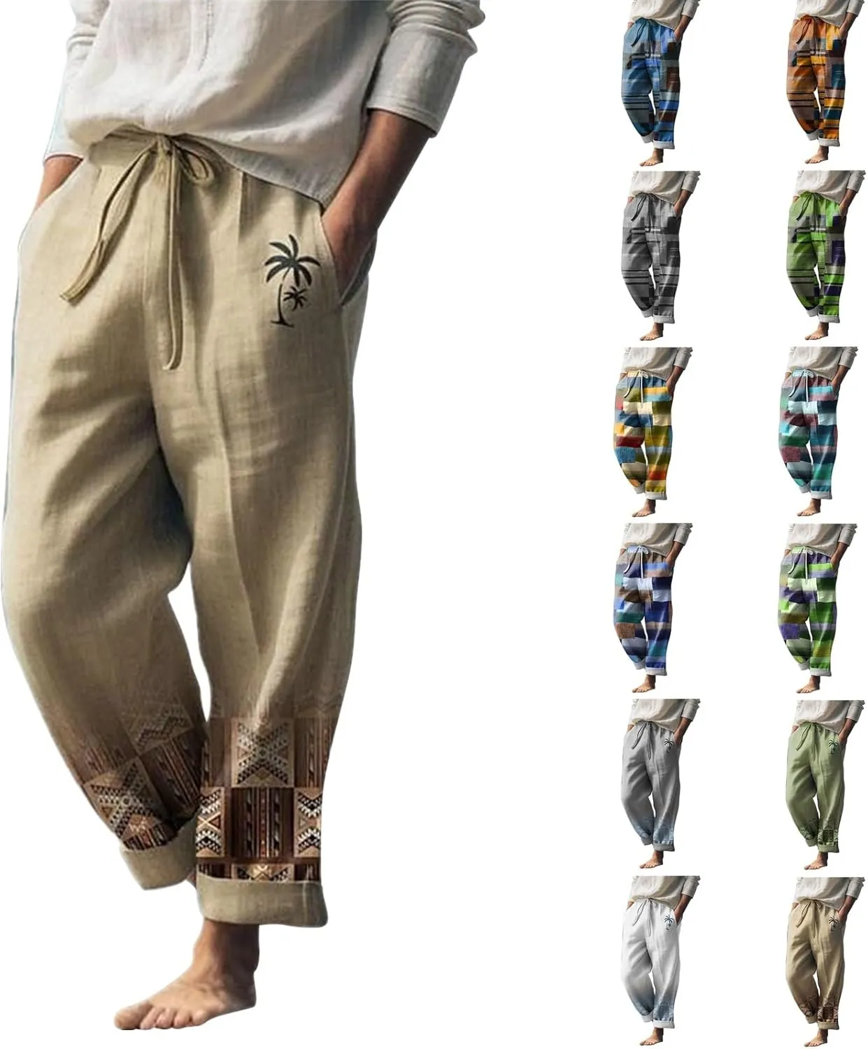 aihihe Men's Summer Linen Pants Elastic Waist Lightweight Casual Pants Loose Fit Pocketed Beach Trousers Big and Tall Slacks