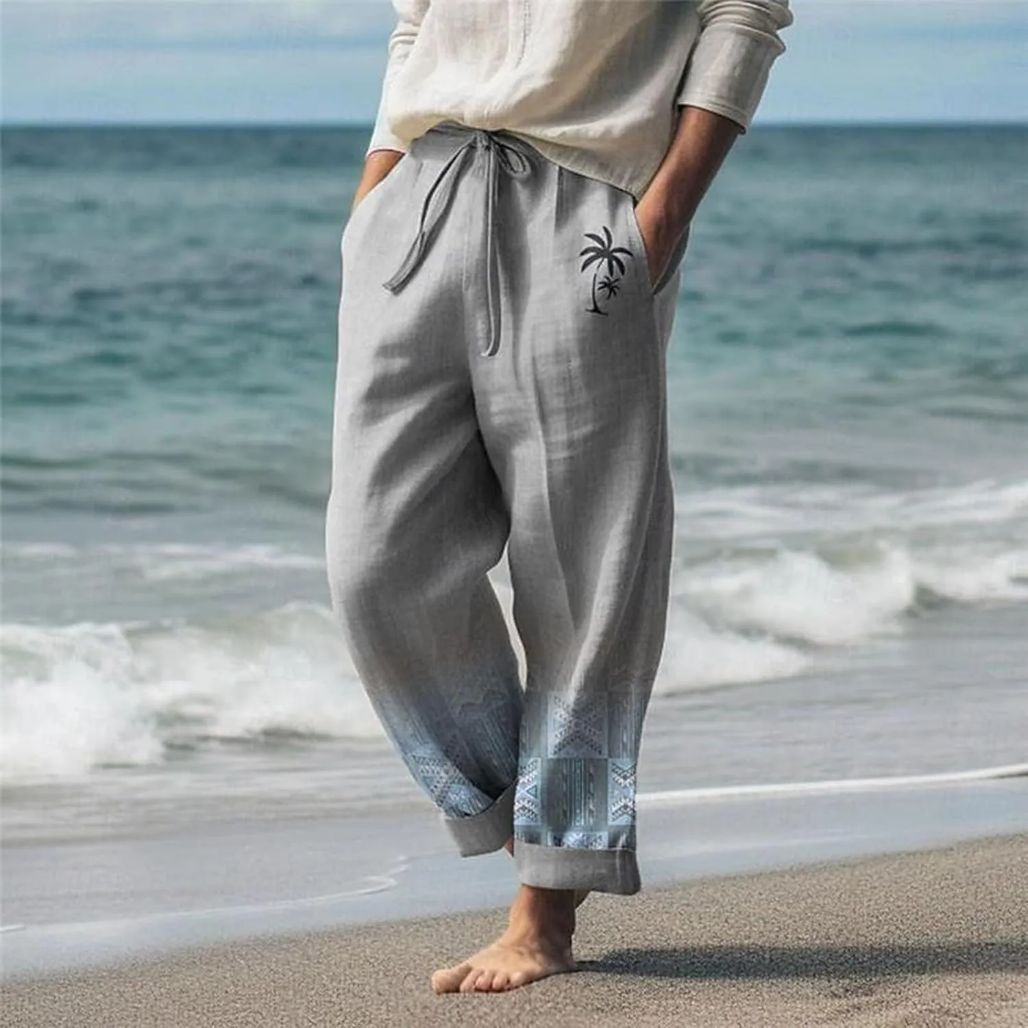 aihihe Men's Summer Linen Pants Elastic Waist Lightweight Casual Pants Loose Fit Pocketed Beach Trousers Big and Tall Slacks