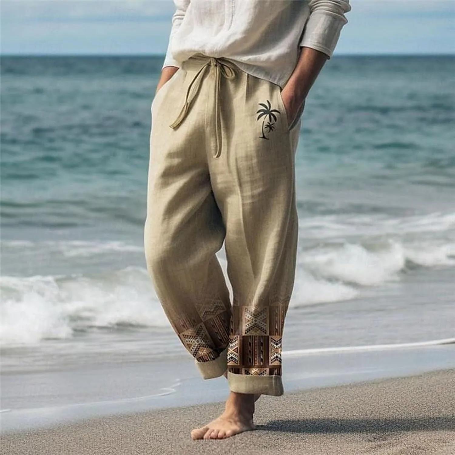 aihihe Men's Summer Linen Pants Elastic Waist Lightweight Casual Pants Loose Fit Pocketed Beach Trousers Big and Tall Slacks