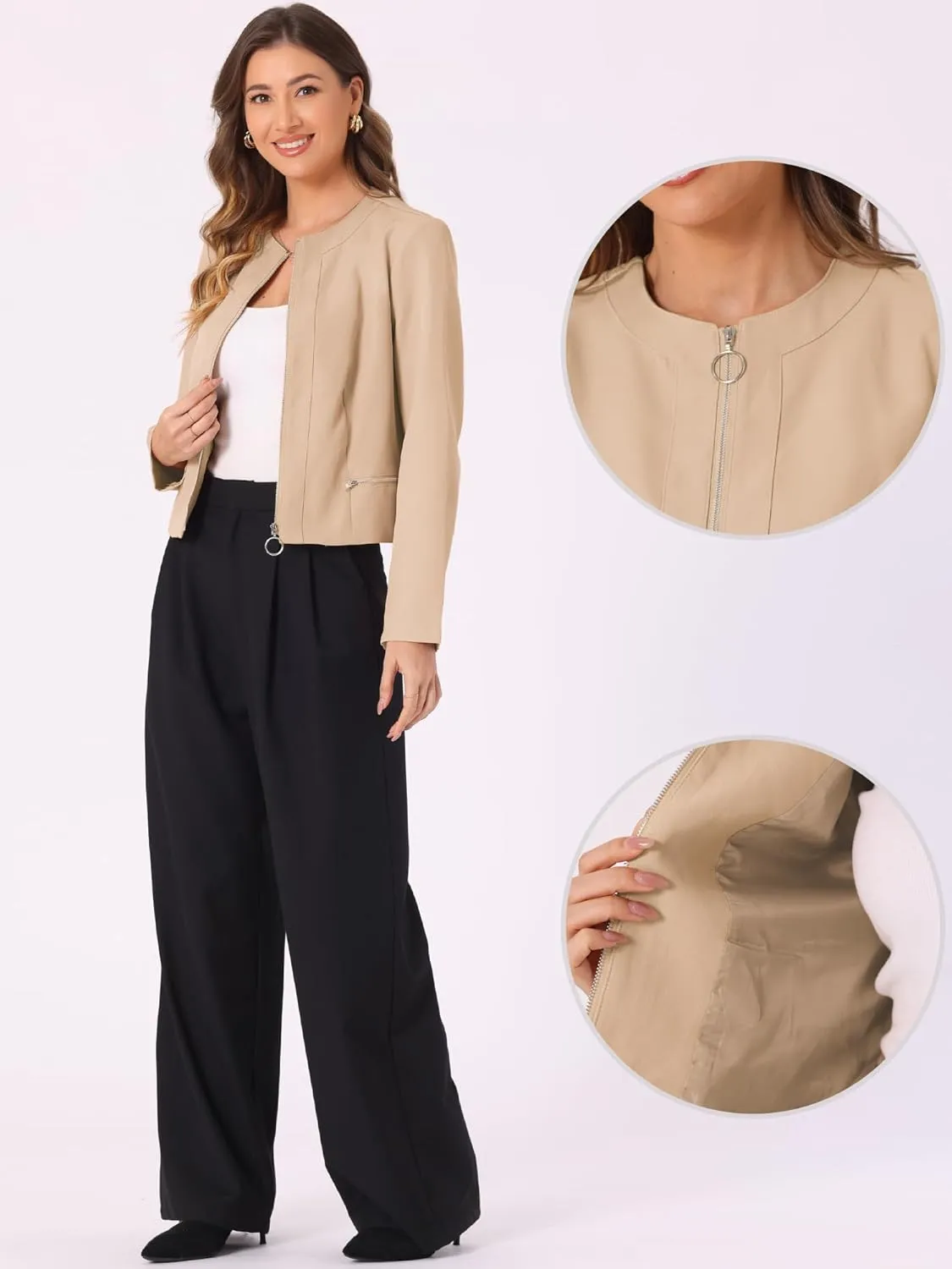 Allegra K Collarless Cropped Jacket for Women's Work Zip Up Jackets