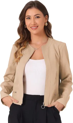 Allegra K Collarless Cropped Jacket for Women's Work Zip Up Jackets