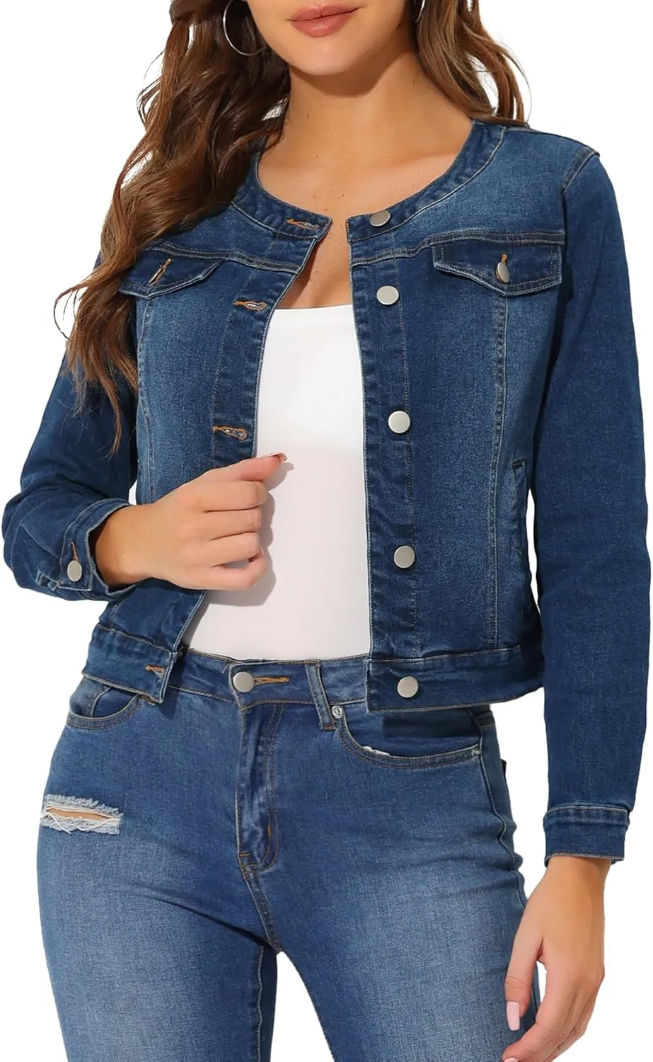 Allegra K Women's Denim Jacket Button Down Collarless Long Sleeve Jean Jackets