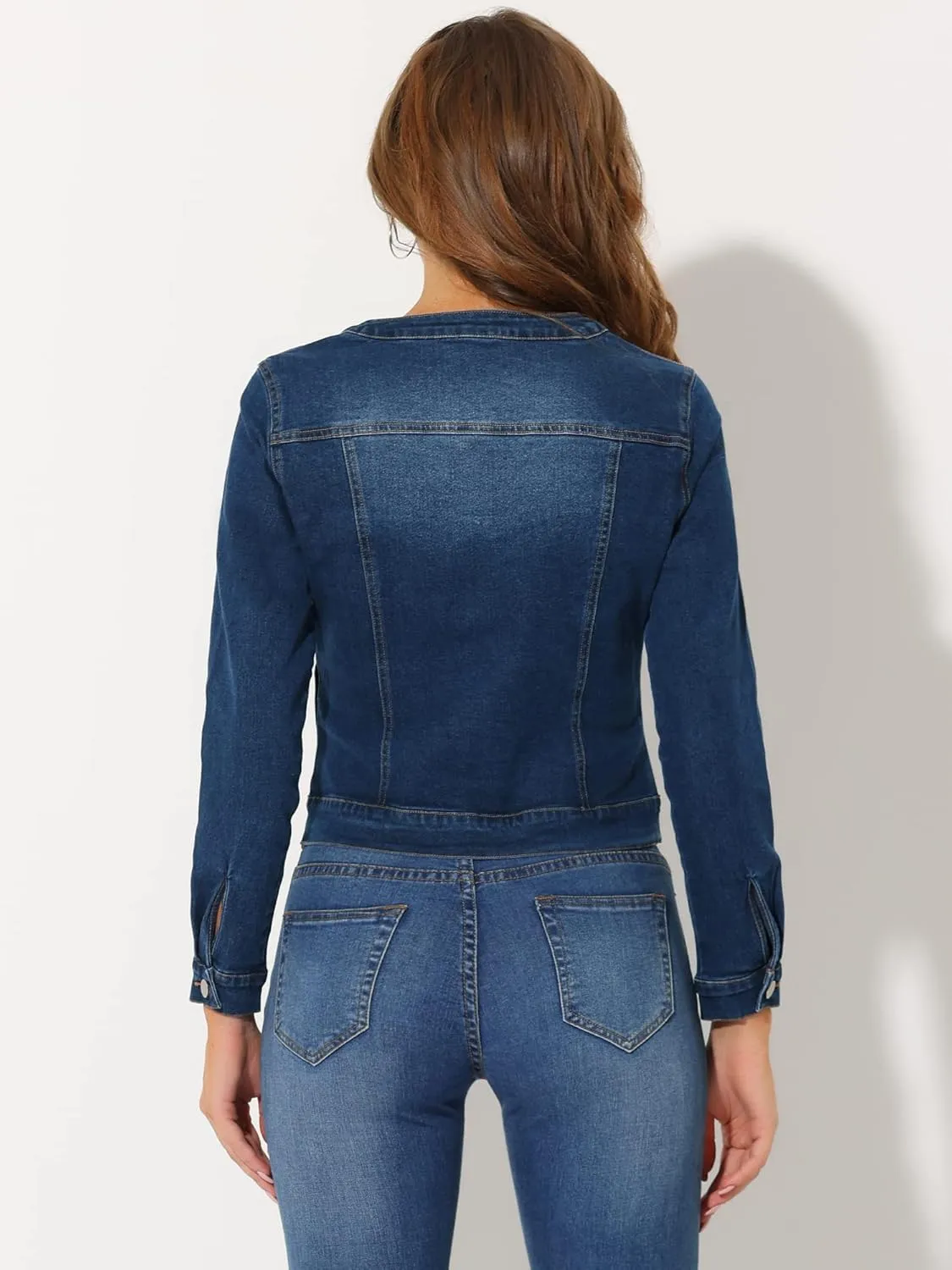 Allegra K Women's Denim Jacket Button Down Collarless Long Sleeve Jean Jackets