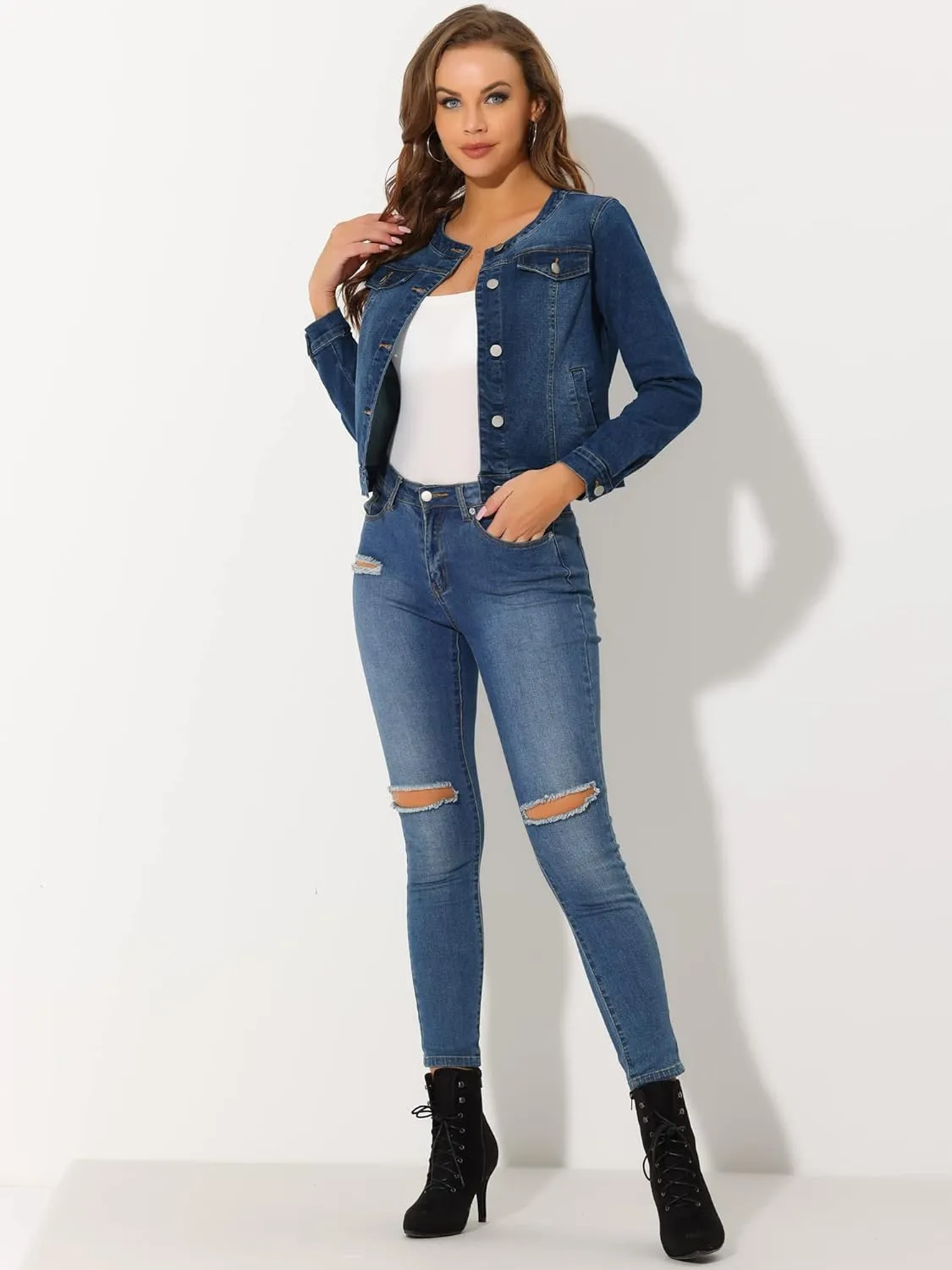 Allegra K Women's Denim Jacket Button Down Collarless Long Sleeve Jean Jackets