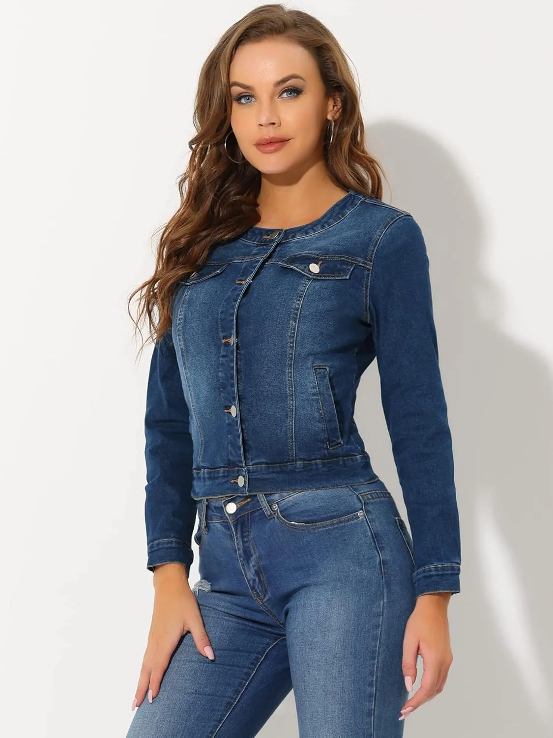 Allegra K Women's Denim Jacket Button Down Collarless Long Sleeve Jean Jackets