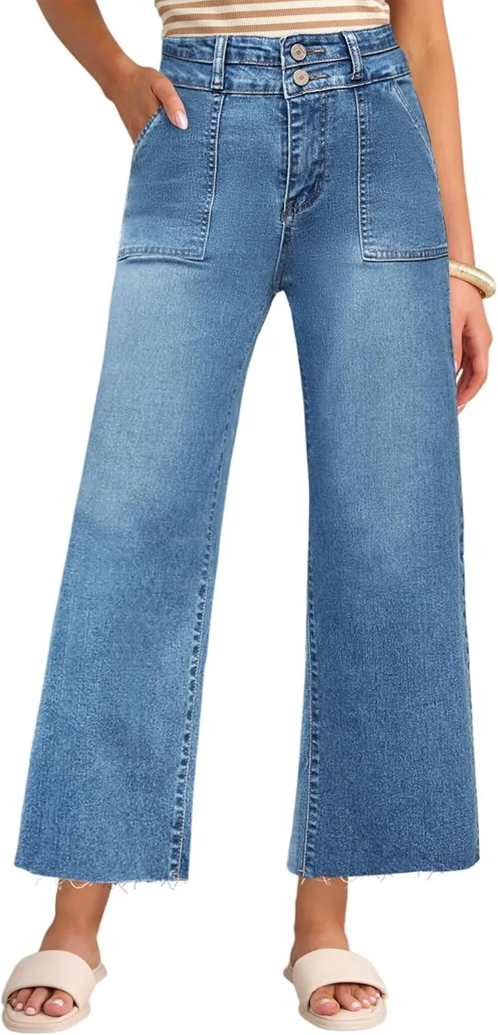 Allimy Womens High Rise Two Button Closure Cropped Jeans Wide Leg Front Slip Pockets Frayed Hem Denim Pant