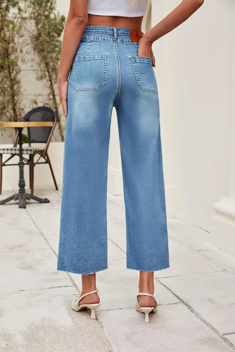 Allimy Womens High Rise Two Button Closure Cropped Jeans Wide Leg Front Slip Pockets Frayed Hem Denim Pant