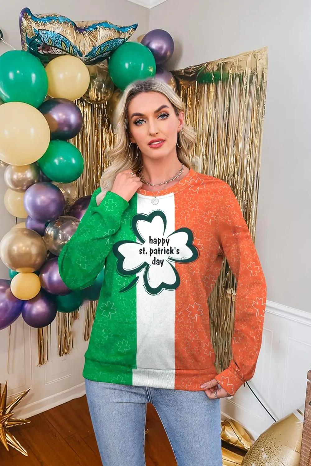 ALLTB St. Patrick's Day Sweatshirts Women Lucky Shamrock Graphic Long Sleeve Shirt Irish Festival Holiday Pullover Tops