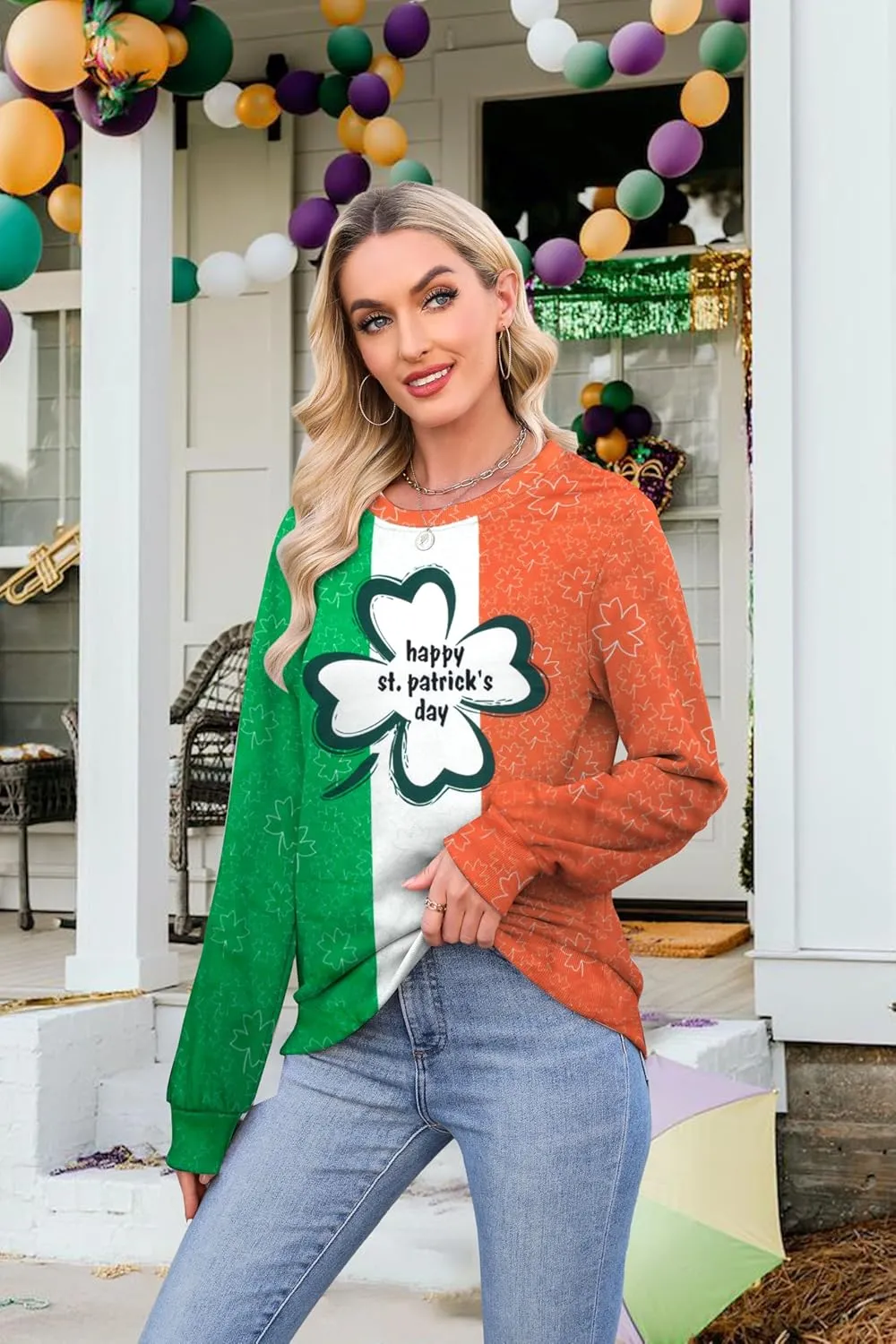 ALLTB St. Patrick's Day Sweatshirts Women Lucky Shamrock Graphic Long Sleeve Shirt Irish Festival Holiday Pullover Tops