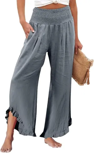 Aniywn Linen Pants Women Summer Wide Leg Trousers Smocked Waist Ruffle Hem Palazzo Pants Boho Flowy Beach Trousers Pocket