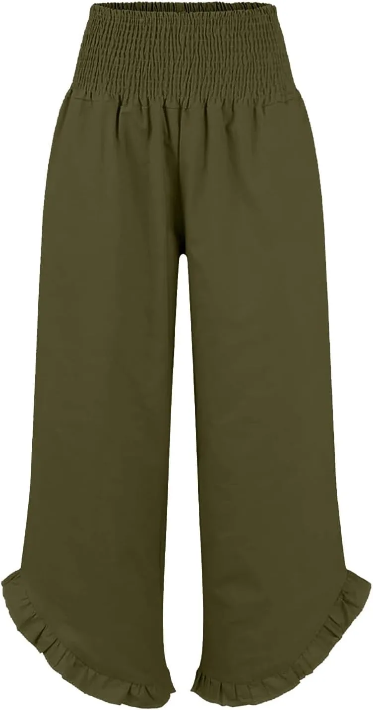 Aniywn Linen Pants Women Summer Wide Leg Trousers Smocked Waist Ruffle Hem Palazzo Pants Boho Flowy Beach Trousers Pocket