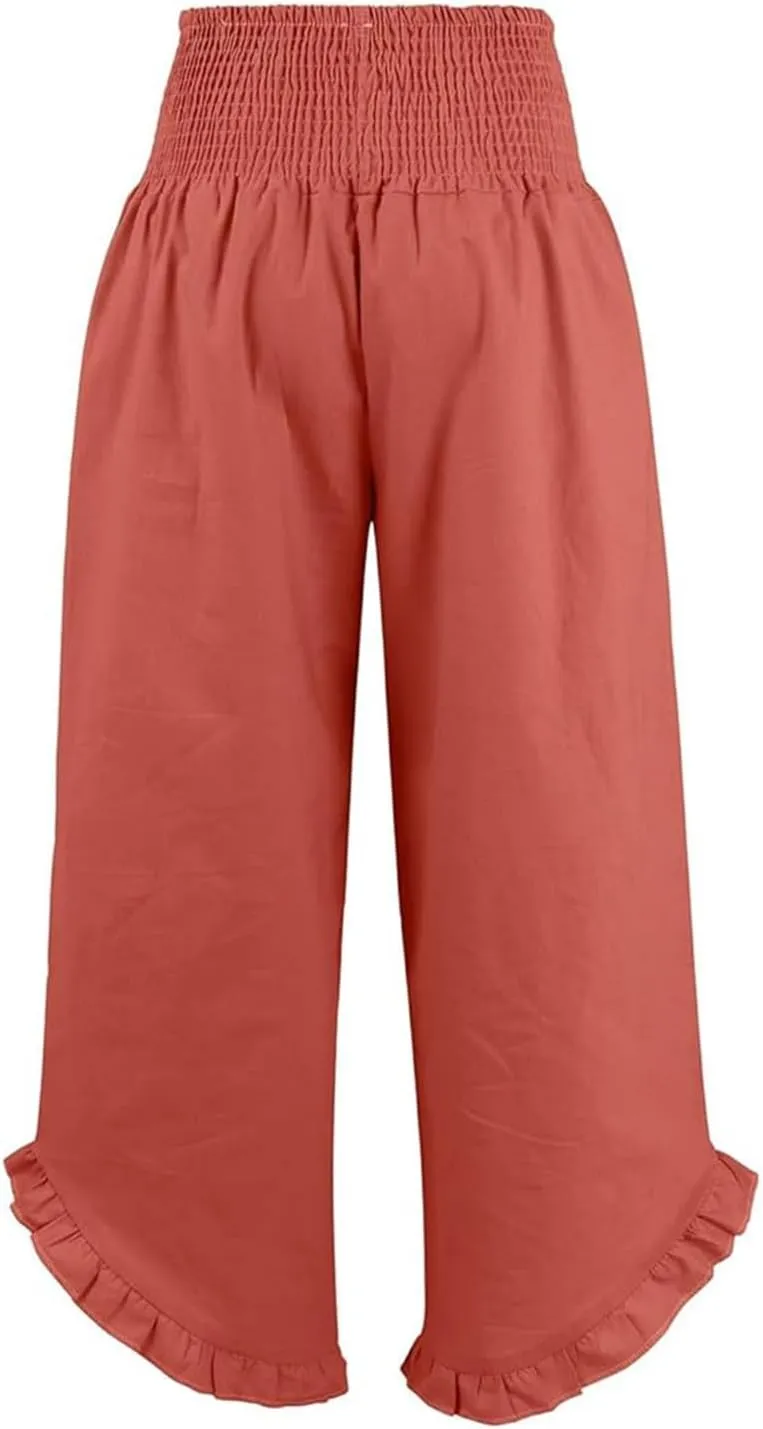 Aniywn Linen Pants Women Summer Wide Leg Trousers Smocked Waist Ruffle Hem Palazzo Pants Boho Flowy Beach Trousers Pocket