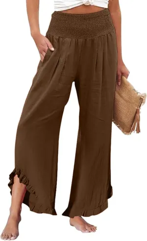 Aniywn Linen Pants Women Summer Wide Leg Trousers Smocked Waist Ruffle Hem Palazzo Pants Boho Flowy Beach Trousers Pocket