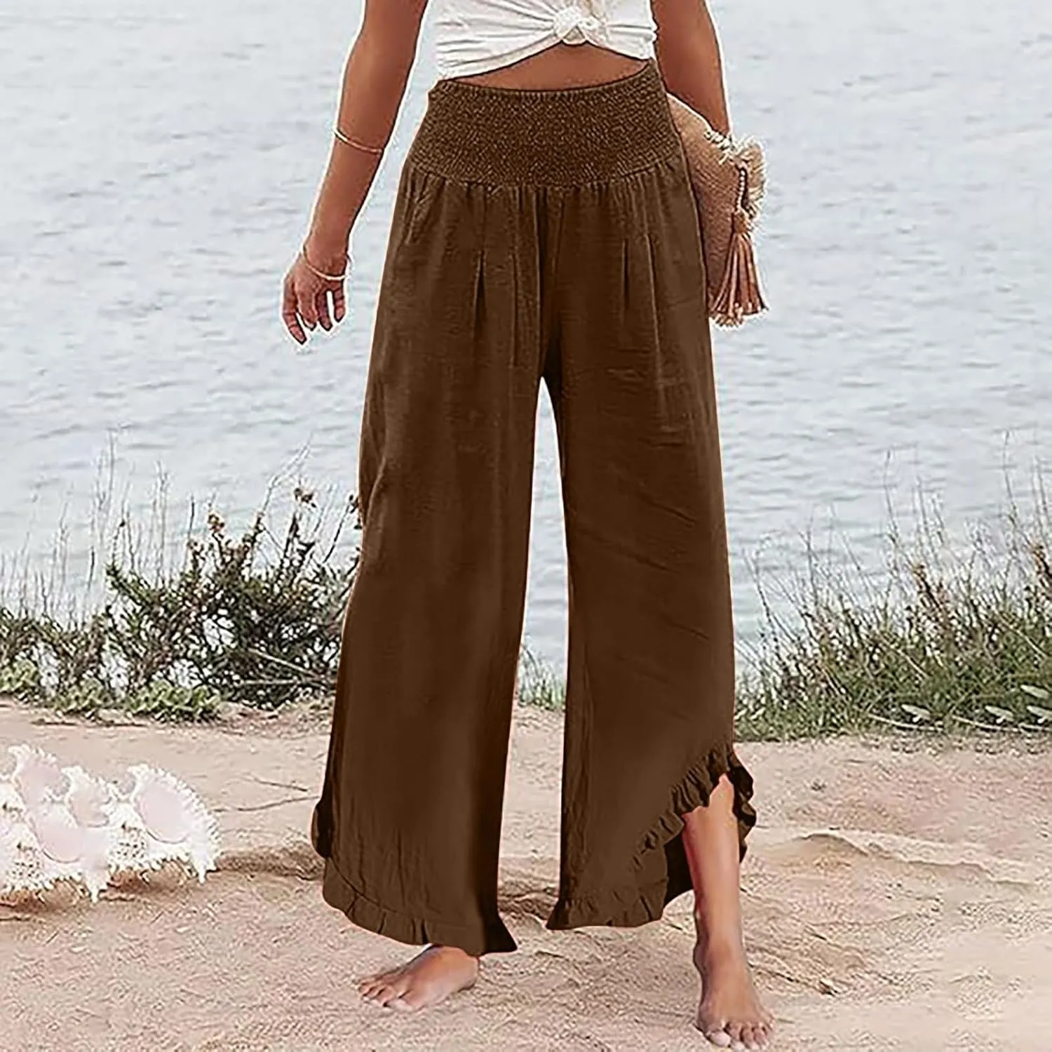 Aniywn Linen Pants Women Summer Wide Leg Trousers Smocked Waist Ruffle Hem Palazzo Pants Boho Flowy Beach Trousers Pocket