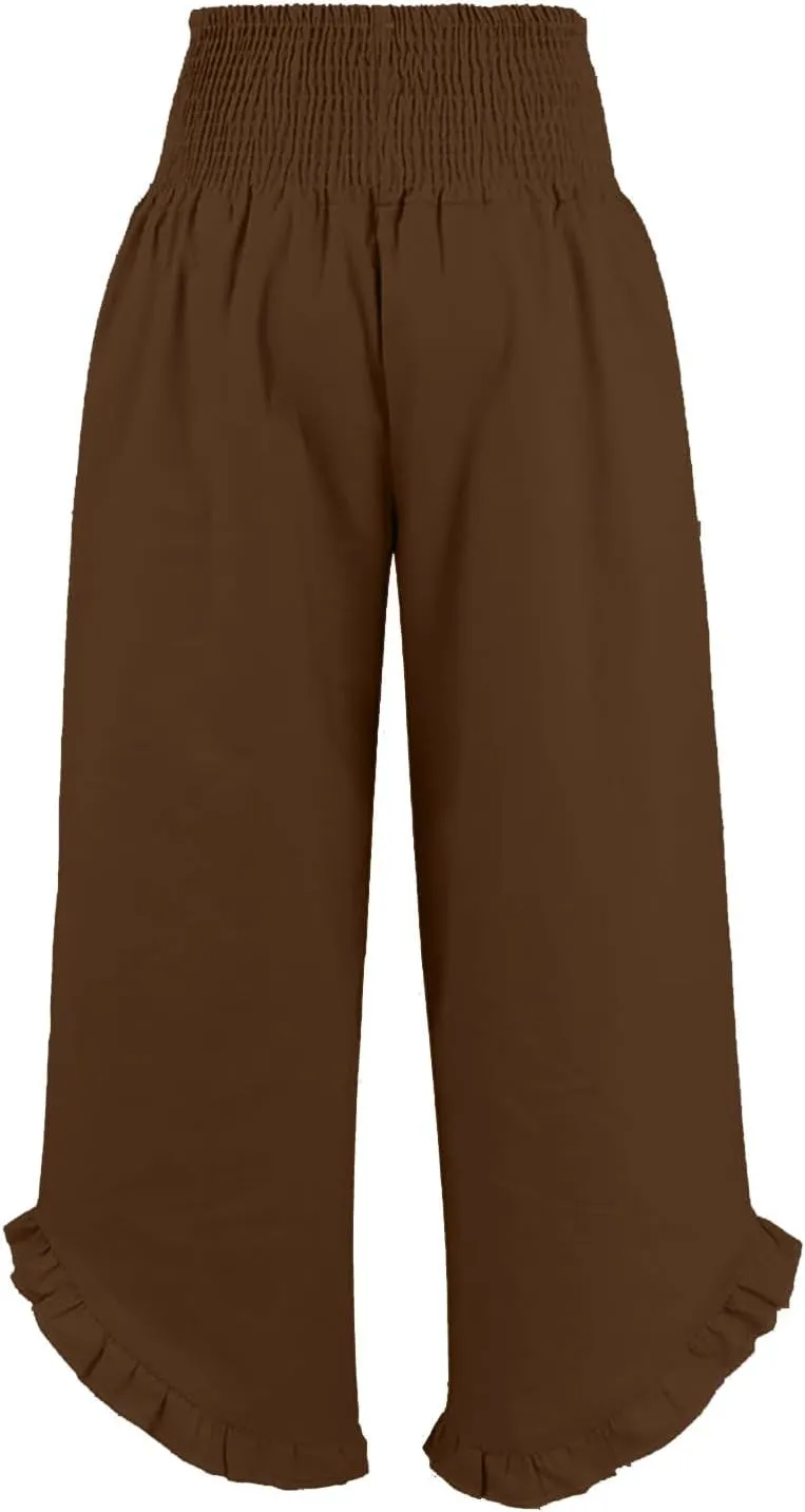 Aniywn Linen Pants Women Summer Wide Leg Trousers Smocked Waist Ruffle Hem Palazzo Pants Boho Flowy Beach Trousers Pocket