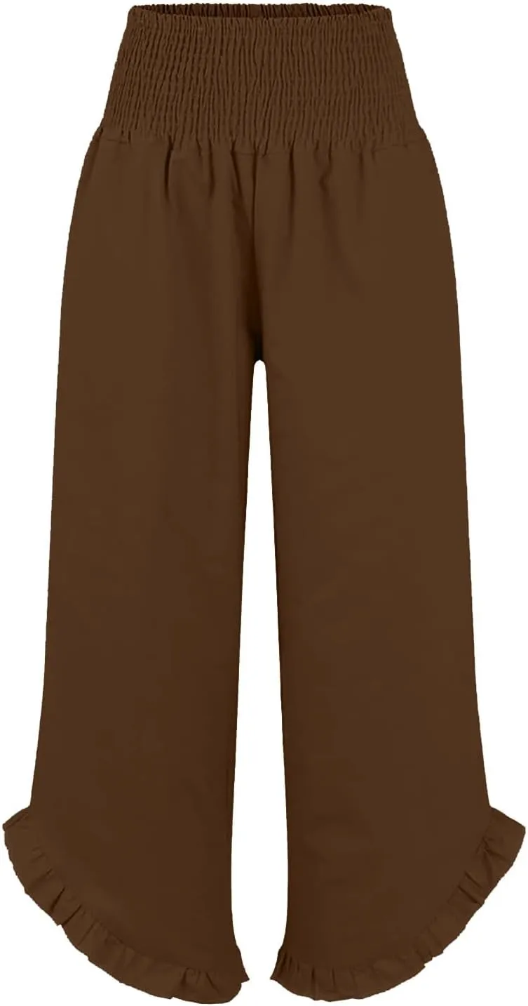 Aniywn Linen Pants Women Summer Wide Leg Trousers Smocked Waist Ruffle Hem Palazzo Pants Boho Flowy Beach Trousers Pocket