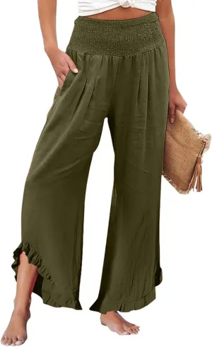 Aniywn Linen Pants Women Summer Wide Leg Trousers Smocked Waist Ruffle Hem Palazzo Pants Boho Flowy Beach Trousers Pocket