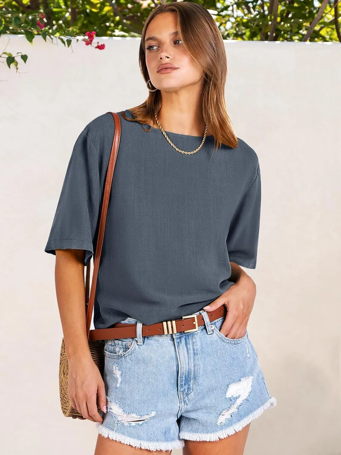 ANRABESS Women Linen Shirts Short Sleeve Oversized Casual Loose Crop Tops Tshirts Summer Cute Tees Outfits Blouse 2025