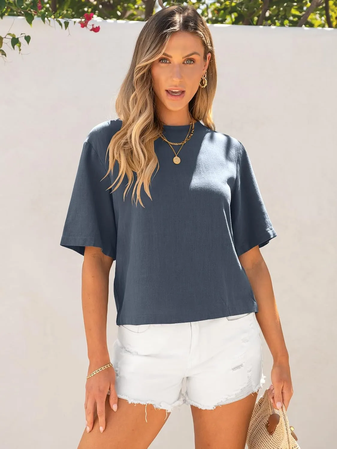 ANRABESS Women Linen Shirts Short Sleeve Oversized Casual Loose Crop Tops Tshirts Summer Cute Tees Outfits Blouse 2025