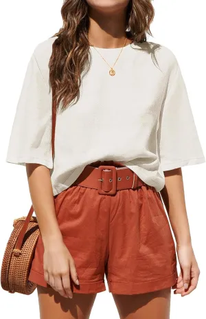 ANRABESS Women Linen Shirts Short Sleeve Oversized Casual Loose Crop Tops Tshirts Summer Cute Tees Outfits Blouse 2025