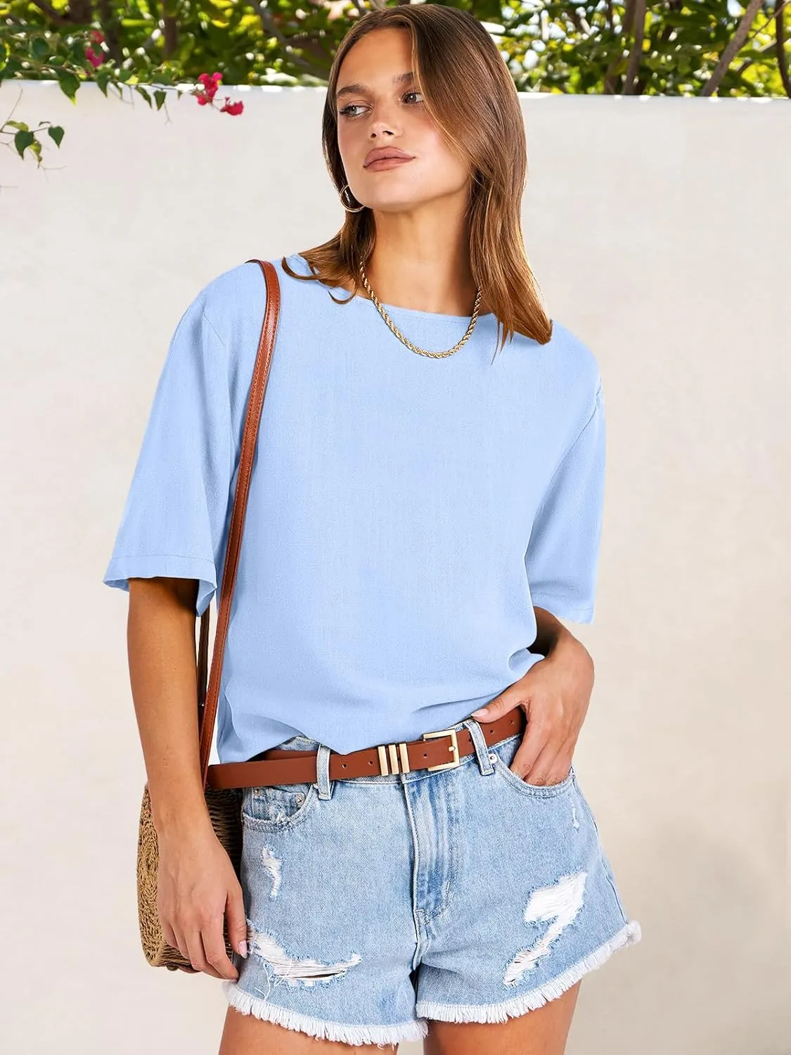 ANRABESS Women Linen Shirts Short Sleeve Oversized Casual Loose Crop Tops Tshirts Summer Cute Tees Outfits Blouse 2025