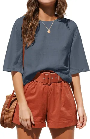 ANRABESS Women Linen Shirts Short Sleeve Oversized Casual Loose Crop Tops Tshirts Summer Cute Tees Outfits Blouse 2025