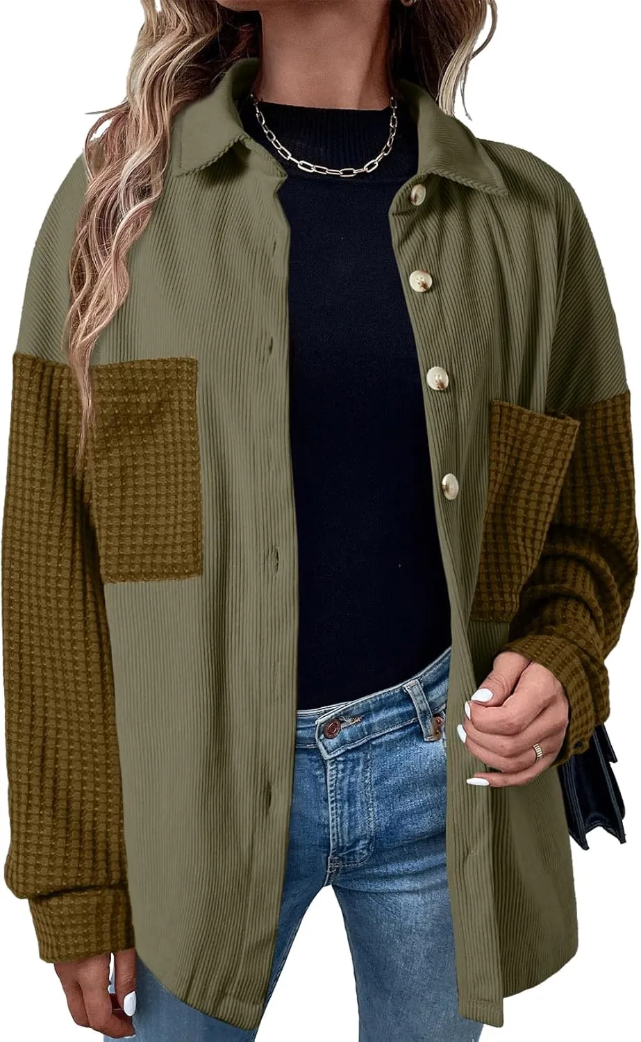 Astylish Womens 2024 Corduroy Shacket Color Block Waffle Jackets Casual Long Sleeve Button Down Shirts Coat