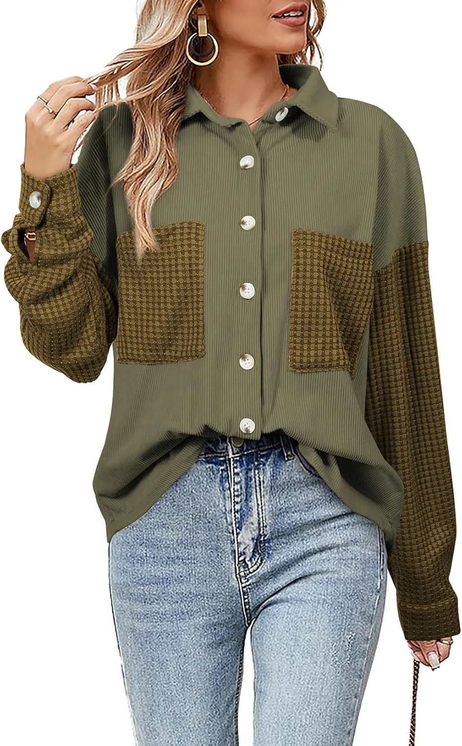 Astylish Womens 2024 Corduroy Shacket Color Block Waffle Jackets Casual Long Sleeve Button Down Shirts Coat