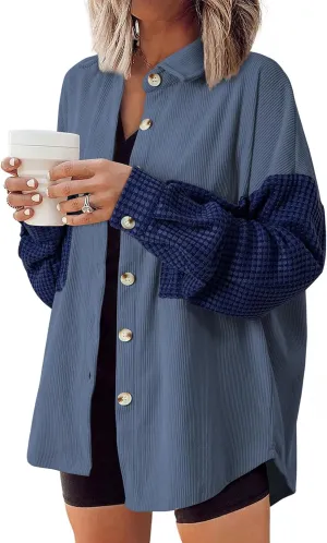 Astylish Womens 2024 Corduroy Shacket Color Block Waffle Jackets Casual Long Sleeve Button Down Shirts Coat