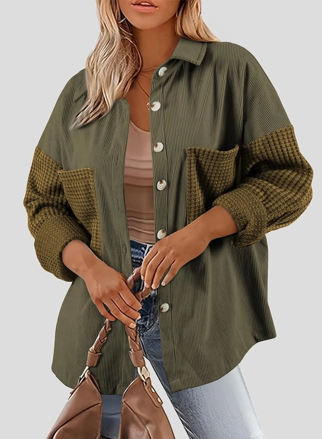 Astylish Womens 2024 Corduroy Shacket Color Block Waffle Jackets Casual Long Sleeve Button Down Shirts Coat