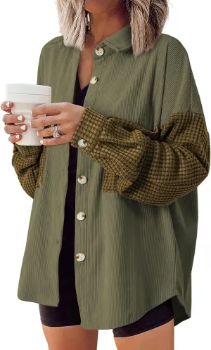 Astylish Womens 2024 Corduroy Shacket Color Block Waffle Jackets Casual Long Sleeve Button Down Shirts Coat