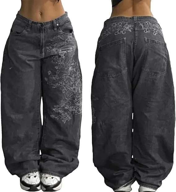Baggy Y2k Jeans Women Men Hip Hop Goth Street Jeans with Skeleton Print Vintage High Waist Denim Wide Leg Pants Street Wear