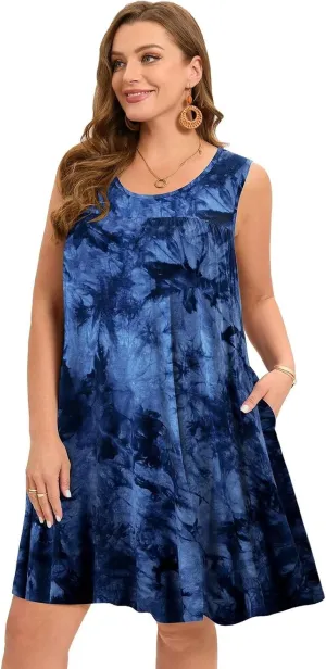 BELAROI Women Plus Size Summer Dresses Sundress Casual Scoop Neck Pleated Sleeveless Tank Dress Cover Ups with Pockets