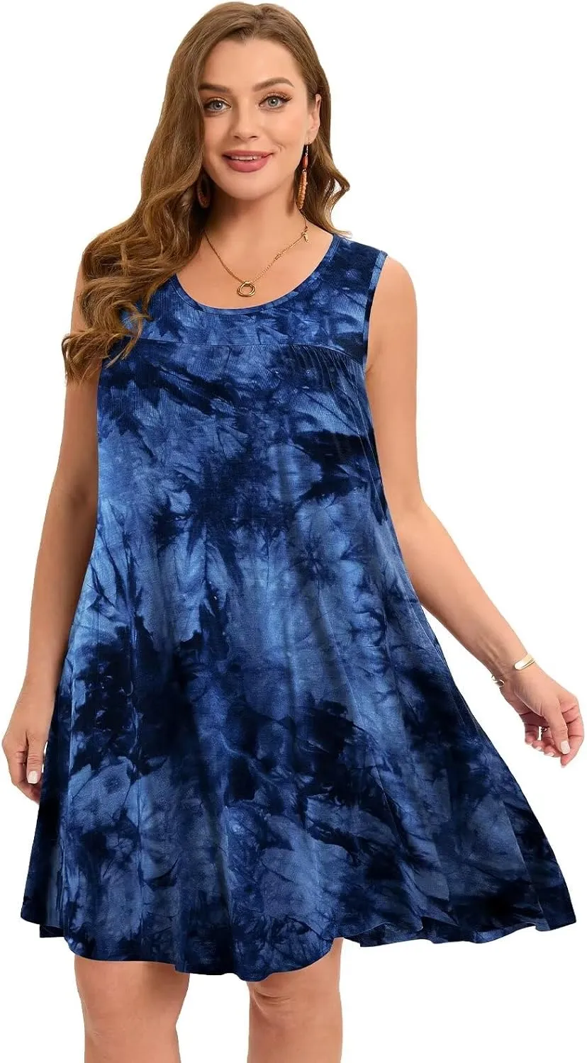 BELAROI Women Plus Size Summer Dresses Sundress Casual Scoop Neck Pleated Sleeveless Tank Dress Cover Ups with Pockets
