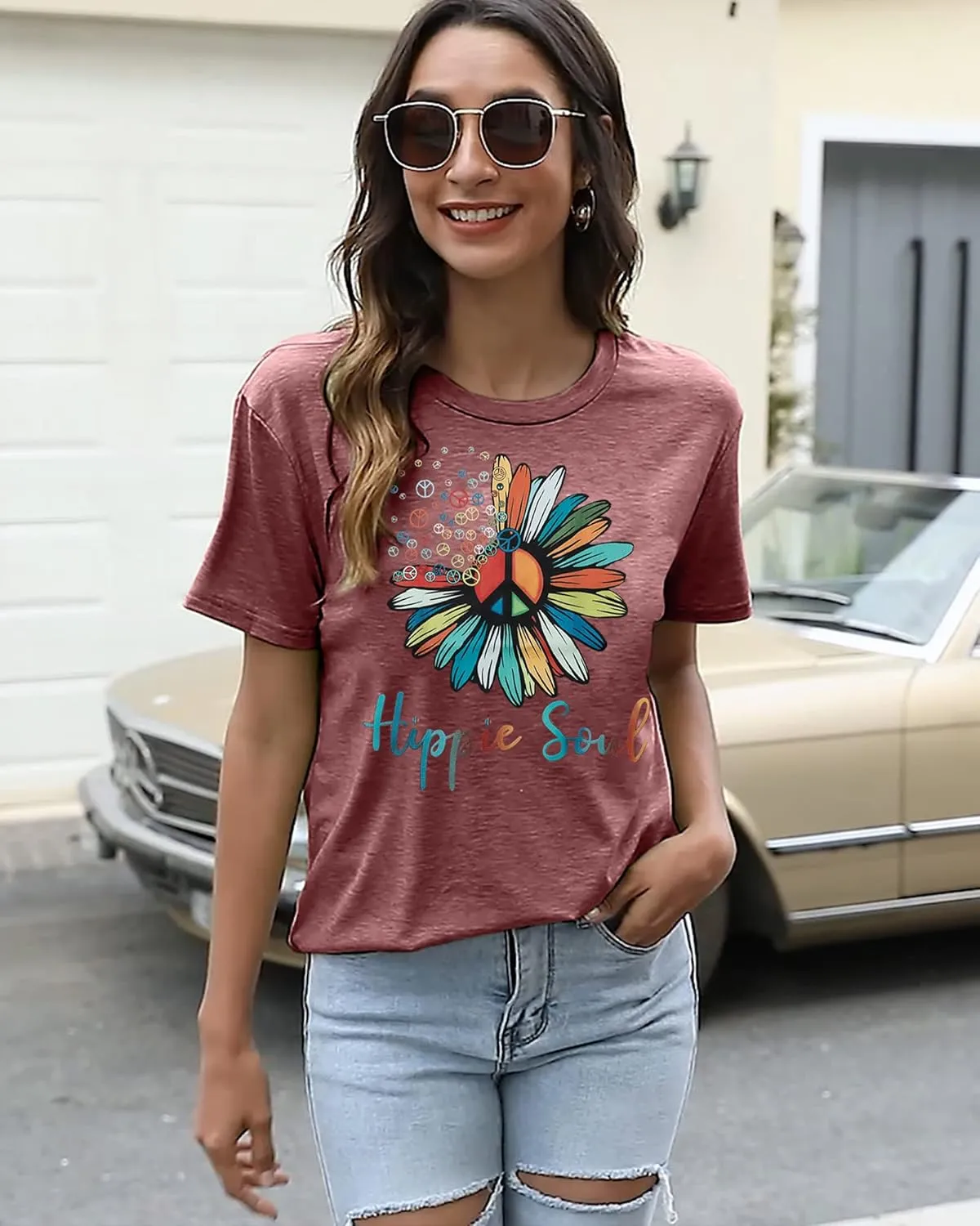 BLANCHES Women Summer Tops Vintage Graphic Tee Hippy Soul Tops Crew Neck Short Sleeve Casual Tees