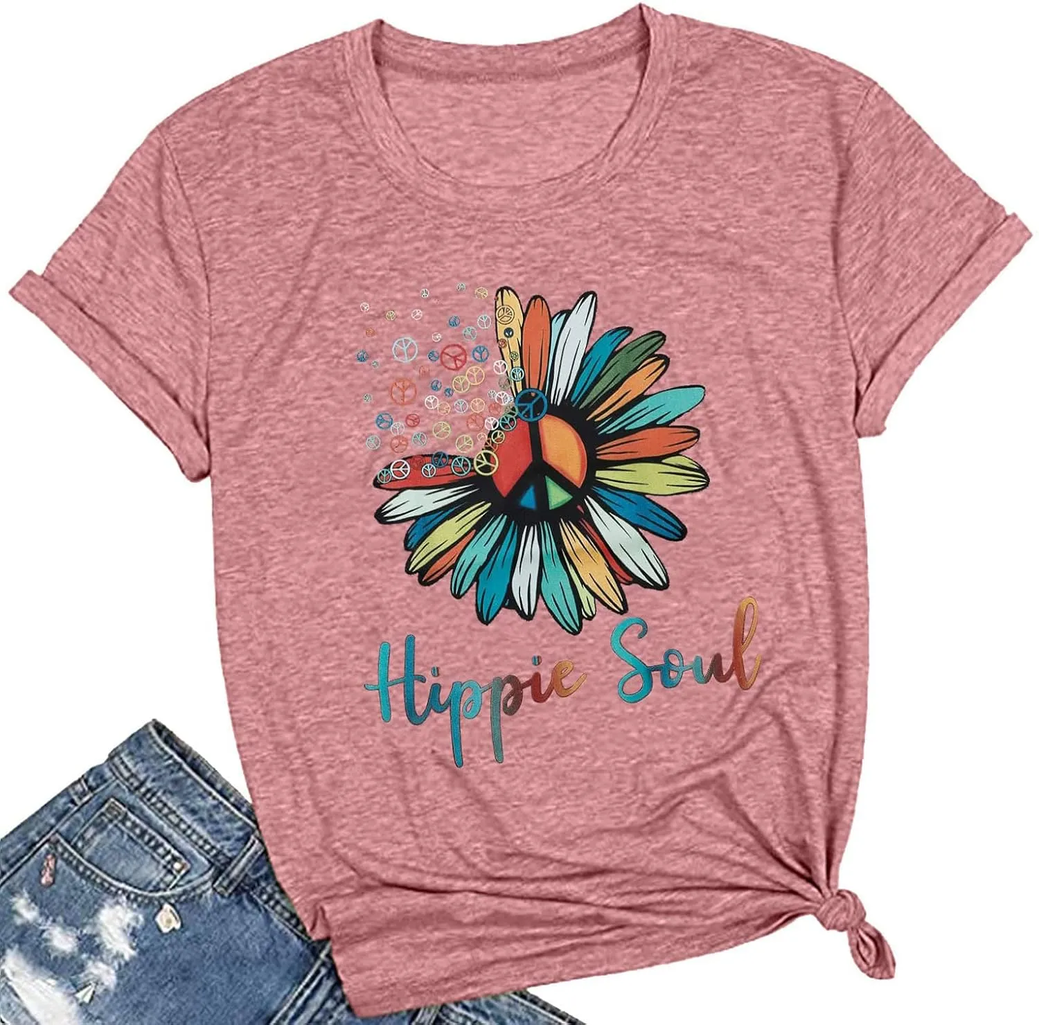 BLANCHES Women Summer Tops Vintage Graphic Tee Hippy Soul Tops Crew Neck Short Sleeve Casual Tees