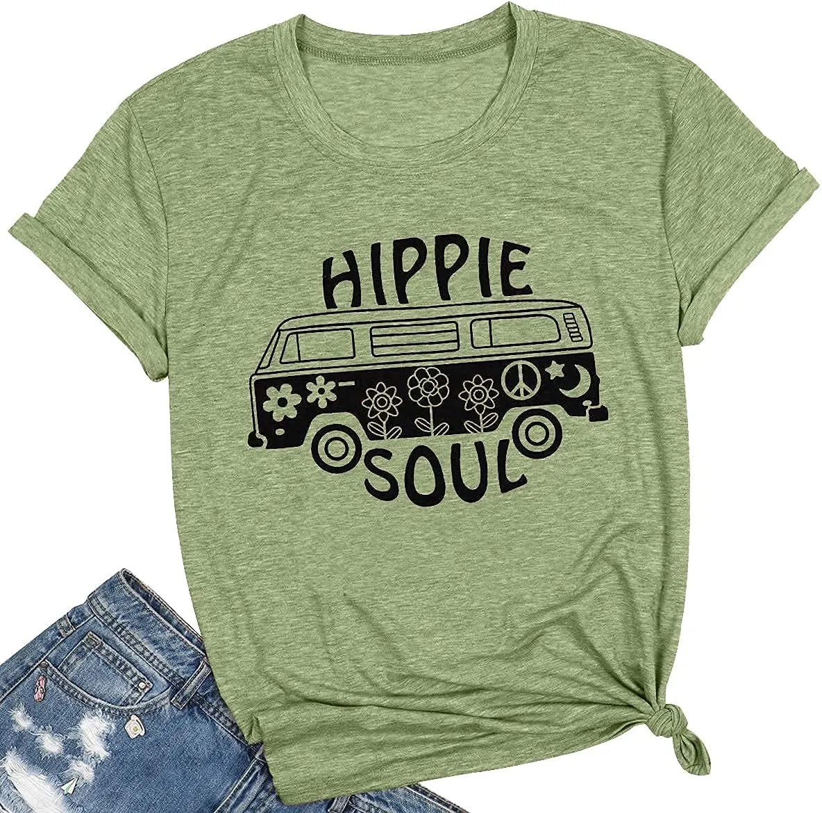 BLANCHES Women Summer Tops Vintage Graphic Tee Hippy Soul Tops Crew Neck Short Sleeve Casual Tees