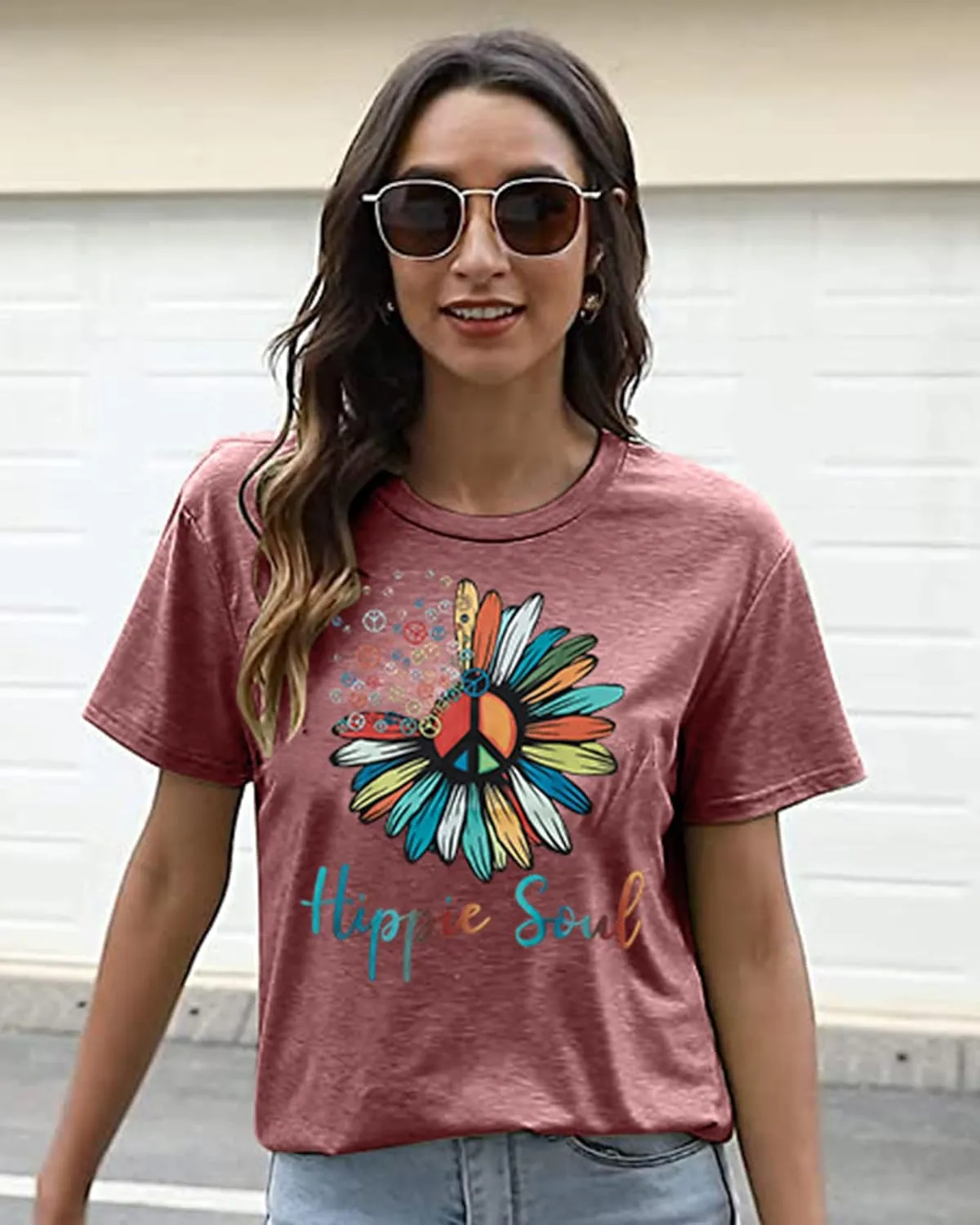 BLANCHES Women Summer Tops Vintage Graphic Tee Hippy Soul Tops Crew Neck Short Sleeve Casual Tees