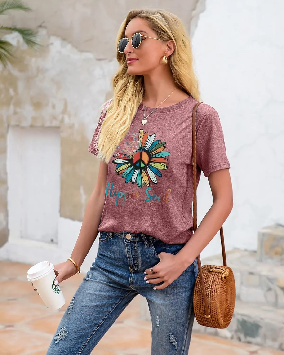 BLANCHES Women Summer Tops Vintage Graphic Tee Hippy Soul Tops Crew Neck Short Sleeve Casual Tees