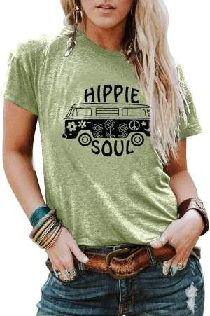 BLANCHES Women Summer Tops Vintage Graphic Tee Hippy Soul Tops Crew Neck Short Sleeve Casual Tees