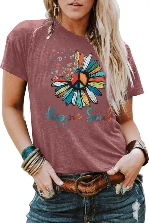 BLANCHES Women Summer Tops Vintage Graphic Tee Hippy Soul Tops Crew Neck Short Sleeve Casual Tees