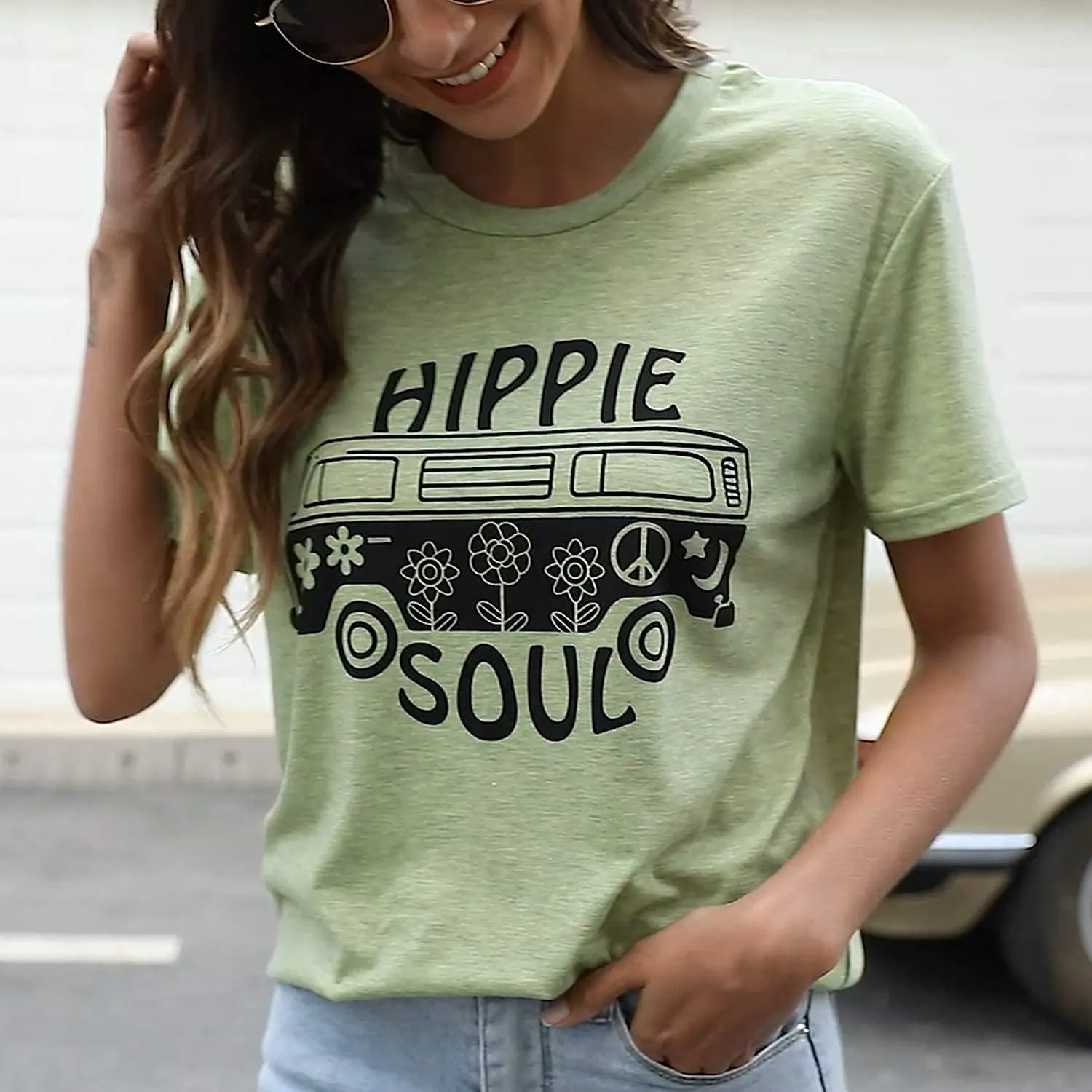 BLANCHES Women Summer Tops Vintage Graphic Tee Hippy Soul Tops Crew Neck Short Sleeve Casual Tees